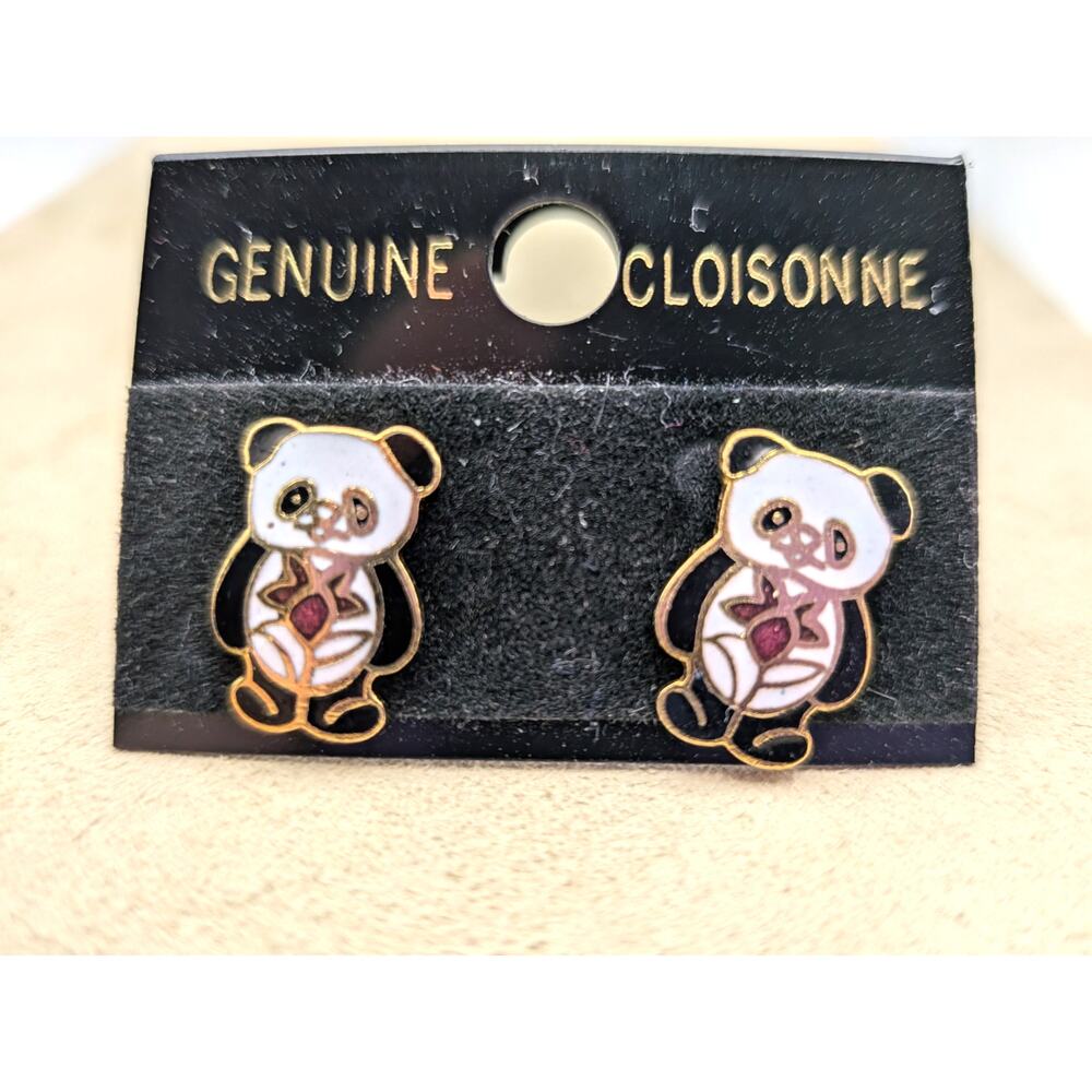 Vintage Cloisonne Panda Bear Stud Earrings Black White Enamel Taiwan ROC